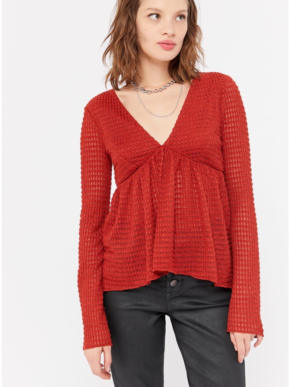 UO Pointelle Deep-V Peplum Top